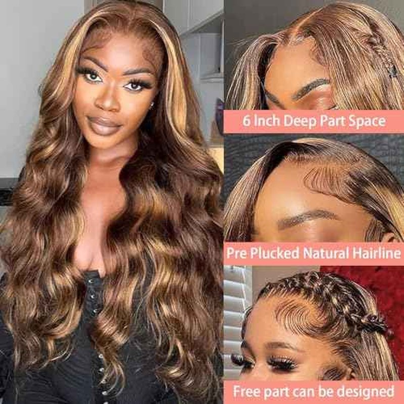 Anderah 13x6 Highlight Ombre Lace Front Wigs Human Hair Honey Blonde Body Wave Lace Front Wigs Human Hair Pre Plucked With Baby Hair 180% Density Body Wave Glueless Human Hair Wigs For Women 30Inch