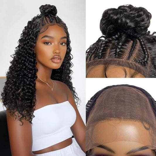 PROTEA Braided Wigs for Black Women, Full Lace Frontal Updo Bun Box Braids Wigs with Baby Hair, Lightweight Synthetic Fully Handmade Braided Wig, 24 Inch #1B Natural Black