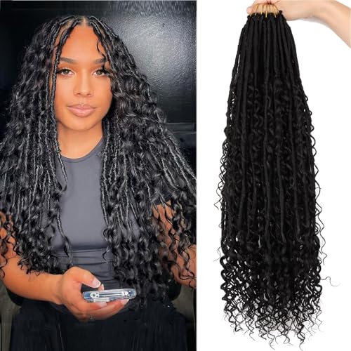 Goddess Locs Crochet Hair Pre-looped 24 Inch New Boho Faux Locs Crochet Hair with Curly Ends 8 Packs Bohemian River Locs Crochet Hair for Black Women 1B (1b, 24 Inch (Pack of 8))