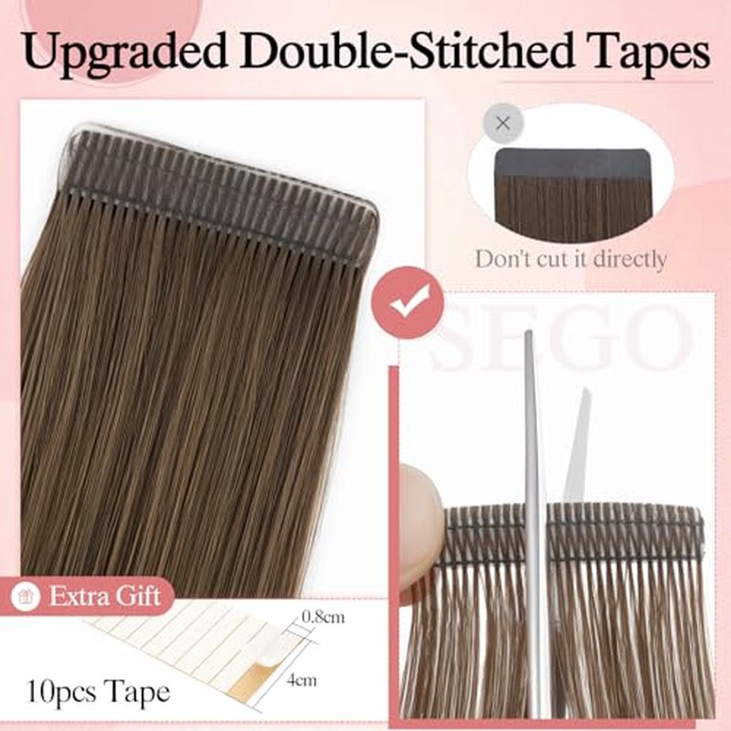 SEGO Double-Stitched Tape in Hair Extensions Human Hair Invisible Tape in Hair Extensions Long Straight Tape Hair Extensions for Women,16 Inch,#2 Dark Brown,20pcs 46g