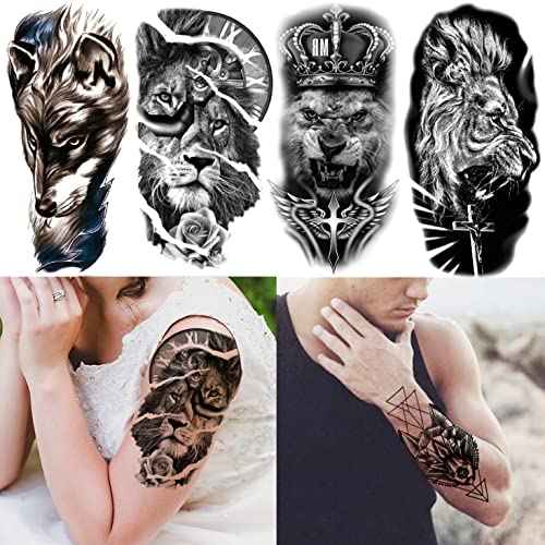 FANRUI 24 Sheets Cool Super Large Full Arm Temporary Tattoo Sleeve For Men with 8 Sheets For Women Thigh, 16 Sheets Flower Eagle Compass Adults Tribal Tiger Tatoo
