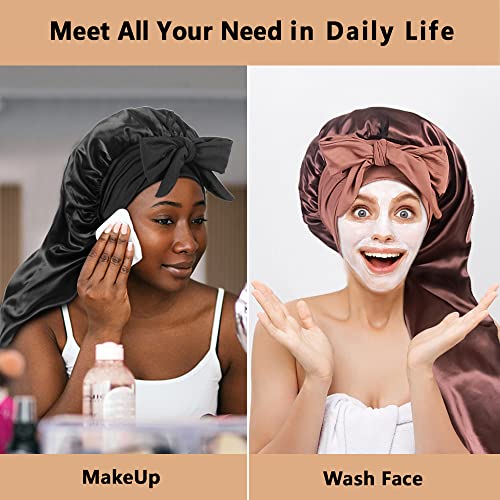 2pcs Long Satin Bonnets with Tie Band, Large Braid Bonnet Silky Hair Cap for Locs Women Sleeping, E