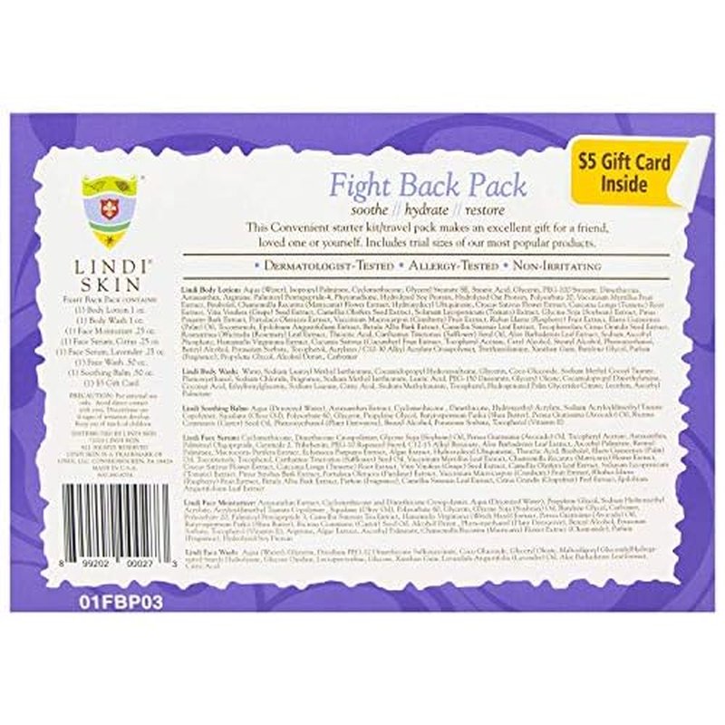 LINDI SKIN Fight Back Pack - Starter Kit That Includes Body Lotion, Body Wash, Face Serum, Face Moisturizer, Soothing Balm, and Face Wash for Chemo Rash, Radiation Burn & Other Cancer Side-Effects