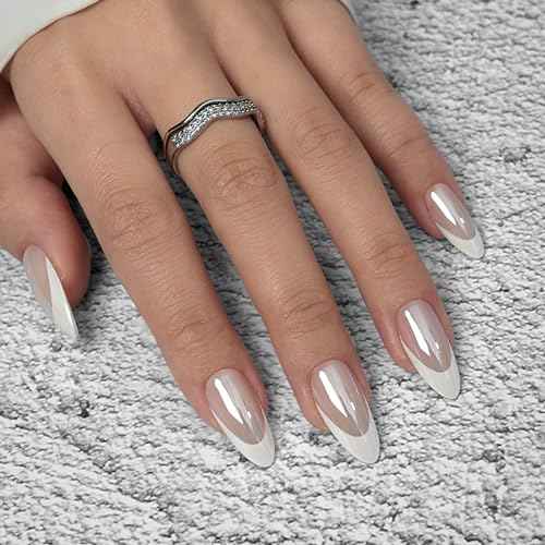 BTArtbox Press On Nails Almond - White French Tip Soft Gel Nails, Chrome Glue On Nails for Gifts, Natural Reusable Glazed Stick On Nails in 15 Sizes - 30 Fake Nails Kit, White Swan