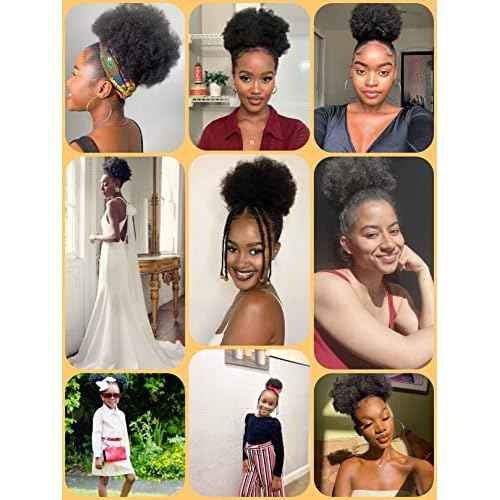 Afro Puff Drawstring Ponytail Human Hair Small Kinky Curly Ponytail Buns Hairpieces 8A Brazilian Virgin Hair Short Clip In Ponytails for Black Women Girls Kids 6 Inch Natural Black