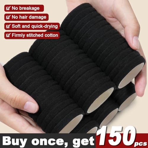 150PCS Hair Ties, IKOCO Black Hair Ties for Women No Damage, Cotton Seamless Ponytail Holders for Thick Hair