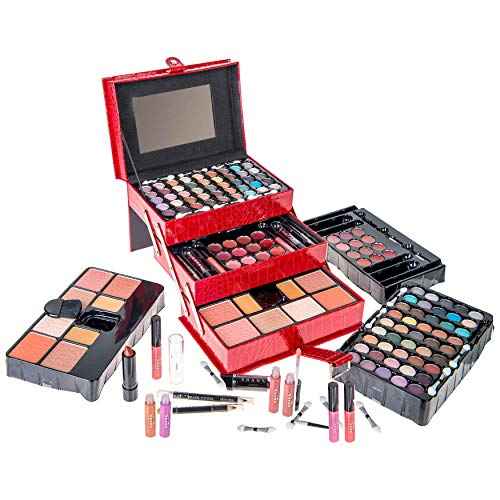 SHANY All In One Makeup Set, Eyeshadow, Blushes, Face Powder, Lipstick, Eye liners, Make up Pencils and Cosmetics Mirror - Makeup Kit With Reusable Storage Beauty Box - Red