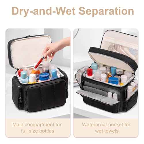 LEDAOU Toiletry Bag for Women, Quilted Travel Makeup Bag Organizer with Double Deck, Large Wide-open Cosmetic Make up Bag for Travel Essentials (Black Puffy)