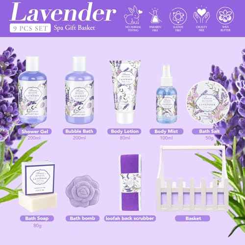 Lavender & Jasmine Scented Spa Gift Set for Women, Includes Body Lotion, Shower Gel, Salts, Bubble Bath, Body Mist, Soap, Bath Bombs