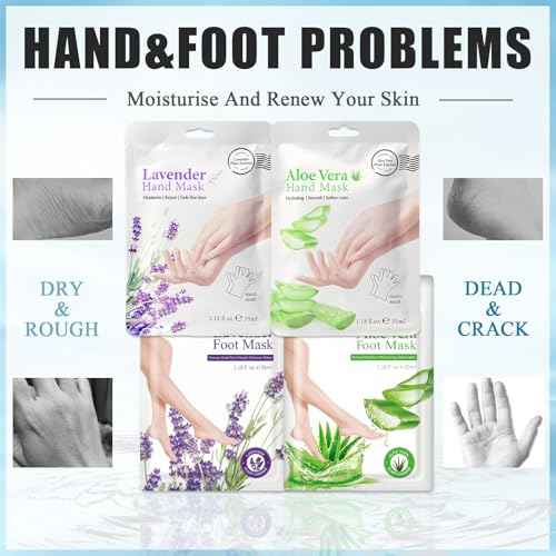 8 Pairs Hand and Feet Mask, Hand Gloves Moisturizing, Hydrating, Feet Peeling Mask for Men Women Repairing Dry, Cracked Skin, Aloe Vera & Lavender,