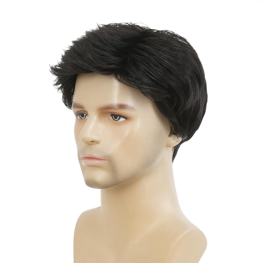 Men's Short Black Wig - Layered Straight Fluffy Hair for Daily Cosplay | Comfortable Fit