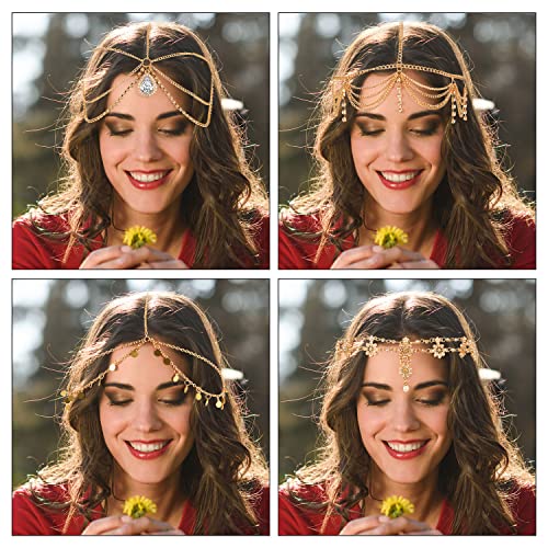 WILLBOND 8 Pieces Gold Head Chain Jewelry Halloween Boho Headband Coins Pearl Tassel Chain Hair Band Festival Prom Wedding Headpiece for Women(Elegant Style)