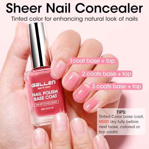 GELLEN 4?in?1 Clear Nail Polish Base Coat Sheer Tinted Red, Ridge Filler, Nail Strengthener & Concealer, Calcium Formula Strengthen Nails, Natural Color Enhance Natural Look, HEMA Free, Anti Yellow