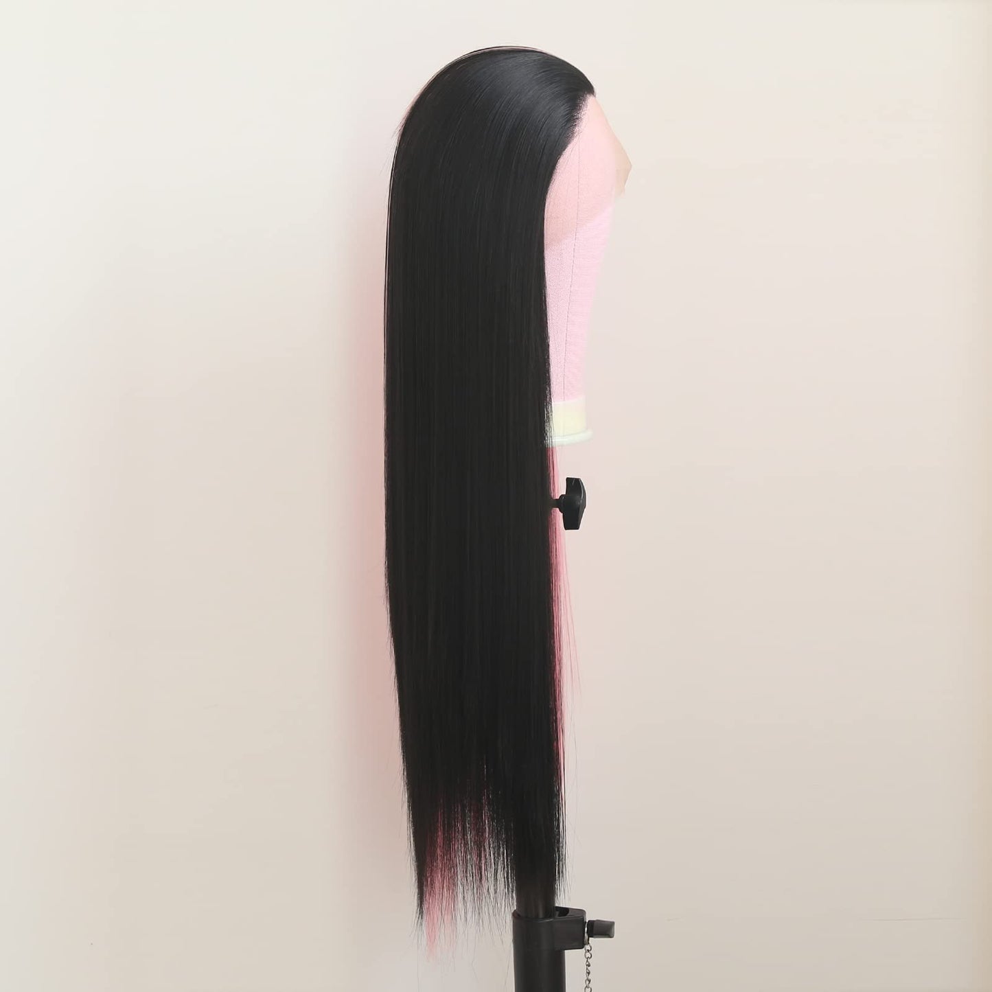BTWTRY Half Pink Half Black Synthetic Lace Front Wigs Cosplay Wig Long Straight Hair for Fashion Women Halloween Party Wigs Heat Resistant Fiber Hair (24 Inch, Half Pink Half Black)