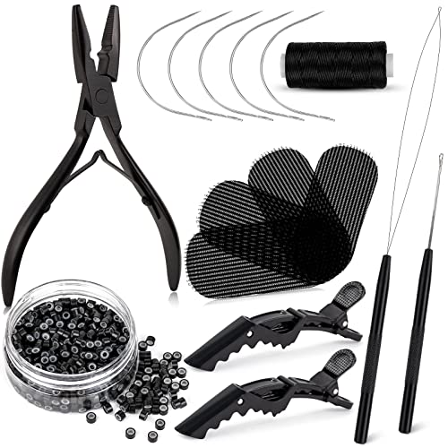 NEWISHTOOL Hair Extension Tool Kit - Silicone Micro Beads, Stainless Steel Beads Plier, Metal Bead Threader and Needle Pulling Hook for Beading Hair Extensions, Girls Cosplay Party Hair Styling Tool