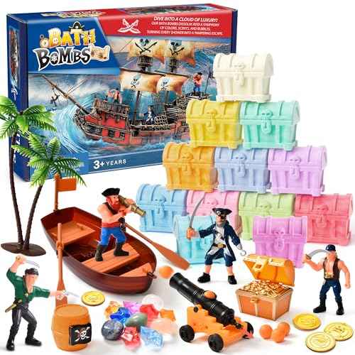 Bath Bombs for Kids with Diving Gem Toys Inside, 12 Pack Treasure Chest Bath Bombs with Surprise Pirate Accessories Pretend Playset, Handmade Bubble Bath Fizzies Birthday Christmas Gift Set