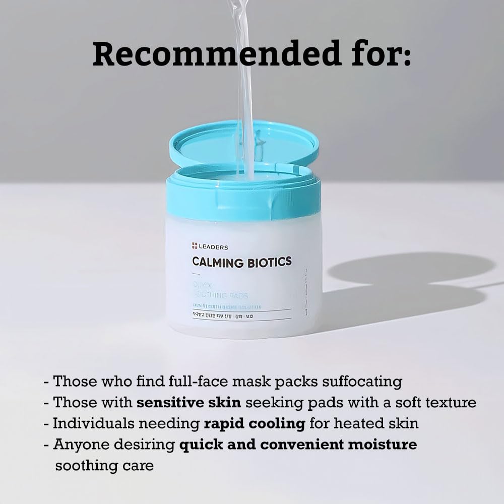LEADERS Calming Biotics Toner Pad - Quick Soothing Instant Relief and Hydration for Dry and Sensitive Skin, 6-Type Cica Liposome Complex, and Plant Mucin Korean Skincare 80 Pads x 170ml