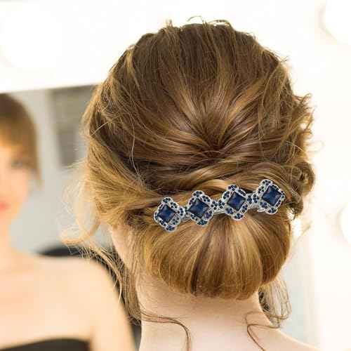 Vintage Austrian Hair Barrettes, Glitter Sparkly Crystal Flower Hair Clips French Vintage Barrettes, White Rhinestone Metal Hair Pins Hair Accessories for Women Girls (Navy Blue)