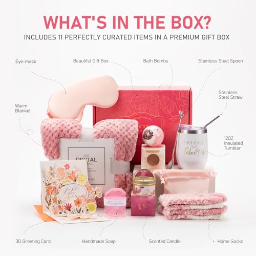 Christmas Gifts Basket for Women Get Well Soon Gifts, Rose Spa Gifts Basket Care Package w/ Luxury Blanket, Unique Mothers Day Gifts for Mom Her Friend Sister Wife