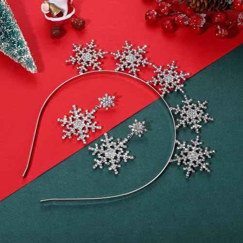 Christmas Snowflake Headband Rhinestone Snowflake Bow Crown Tiara Hairband Headpiece Hair Clip Xmas Party Accessories Gifts (snowflake hairband earrings)