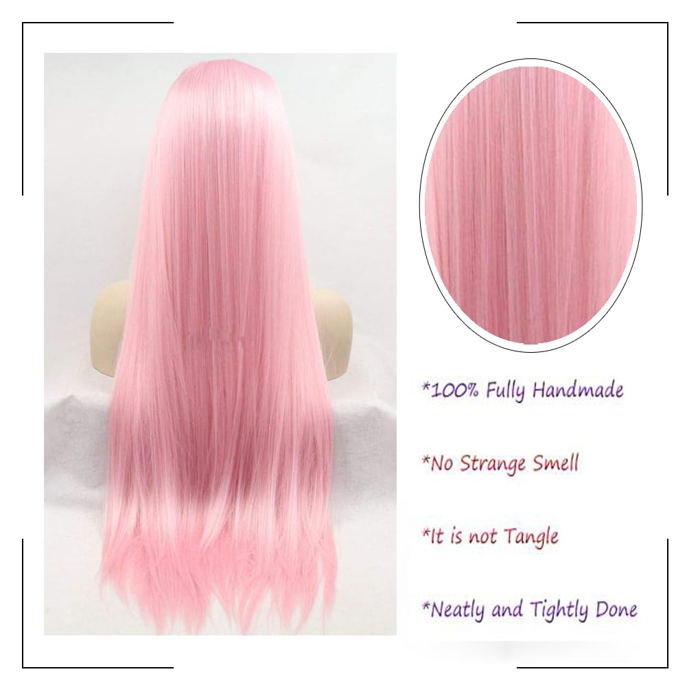Angle Lucky Pink Lace Front Wig Long Silky Straight Light Pink Lace Wig Synthetic Heat Resistant Fiber Realistic Hairline Wigs for Women Cosplay Daily Use 24inch