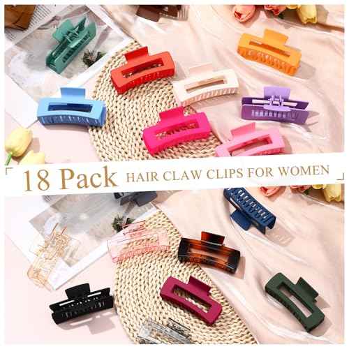 Hoteam 18 Pcs 4.1 Inch Large Hair Claw Clips Bulk Rectangular Big Hair Claws Matte Nonslip Banana Clip Strong Hold Plastic Barrettes for Women Gifts Accessories, 18 Colors