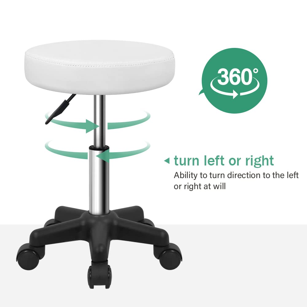 FURWOO Round Rolling Stool Height Adjustable Stool with Wheels for Spa Salon Massage White