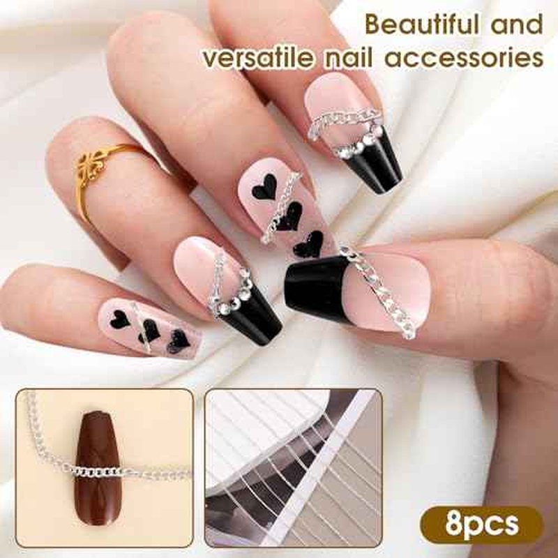 8 Strips Metal Chain Nail Art Charms - Silver Jewelry Chains 3D Decorations Supplies - Punk Studs Accessories for DIY Making Manicure Jewelry (Silver)