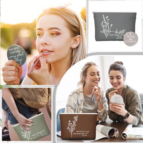 Reginary 10 Sets Thanksgiving Christian Gifts for Women 10 Religious Canvas Makeup Bags 10 Bible Verse Compact Mirrors Inspirational Church Christmas Gifts for Ladies(Neutral Colors,Aesthetic Style)