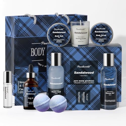 PEARLWORLD Bath Set with Ocean Scented Spa Gifts for Men, Christmas Birthday Self Skin Care Set for Men, Spa Gift Baskets for Him, 12Pcs Men's Spa Kit Gifts for Bath Spa