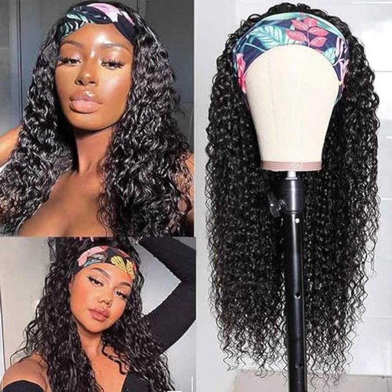 XSY Headband Wig Human Hair Deep Wave 18 Inch Curly Headband Human Hair Wigs for Black Women Glueless None Lace Front Wig 150% Density Natural Black Color