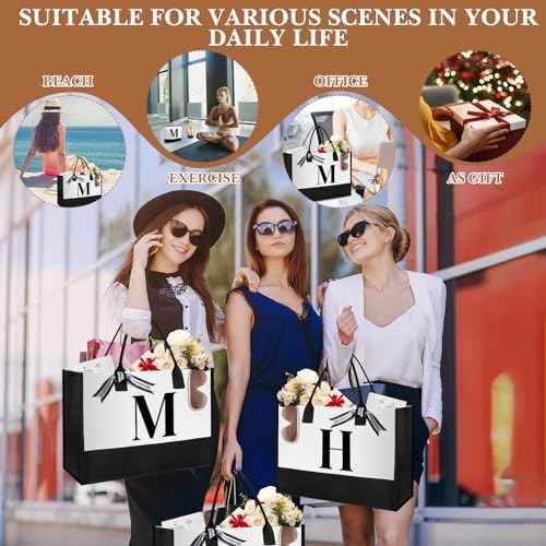 Aliceset Initial Gifts for Women Monogram Canvas Tote Bag and Makeup with Zipper and Initial Glass Coffee Cup Gifts for Her