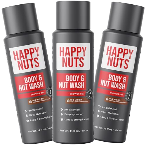 HAPPY NUTS Big Wood Body and Nut Wash - Moisturizing Men's Shower Gel, Natural Bodywash with Deep Cleanse for Sensitive Skin - Men's Body Soap (3 Pack, Big Wood)