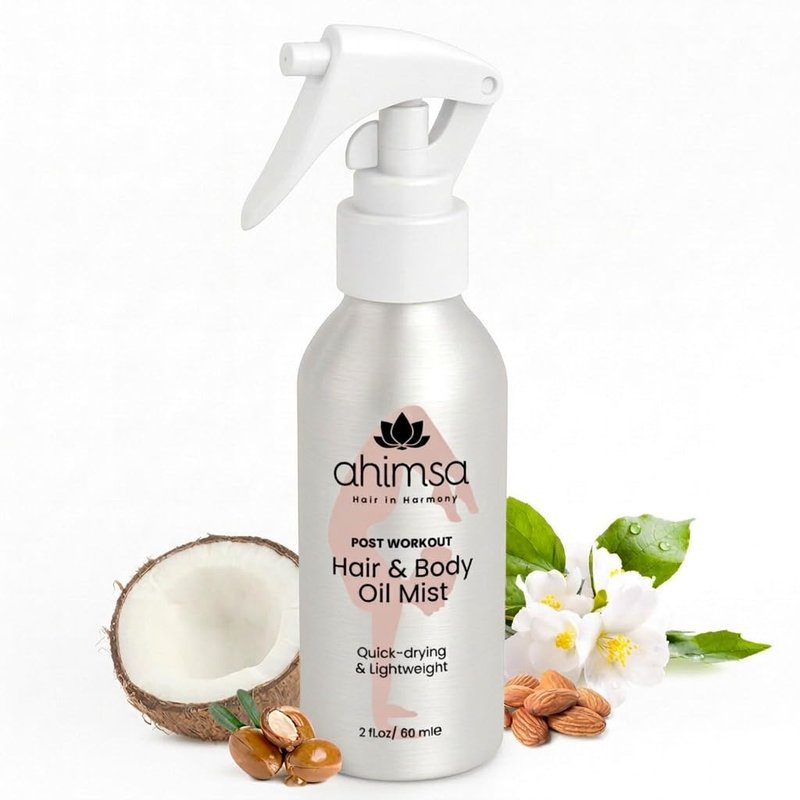 Ahimsa Hair & Body Oil Mist Spray - Lightweight Hydrating Glow Mist with Coconut, Argan & Jasmine | Fast-Drying Non-Greasy Shine (2oz)