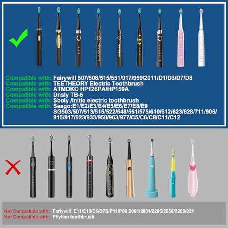 10pc Toothbrush Heads Compatible with Fairywill D7/D8/FW507/508, 551/917/959/D1/D3 (Black)