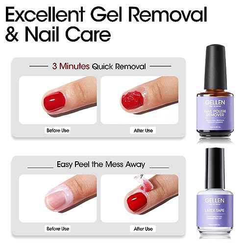 Gellen Gel Polish Remover Kit - Gel Nail Polish Remover with Latex Tape Peel Off Liquid and Manicure Tools, Quick & Easy Gel Polish Remover in 2-5 minutes, No Damage to Nails