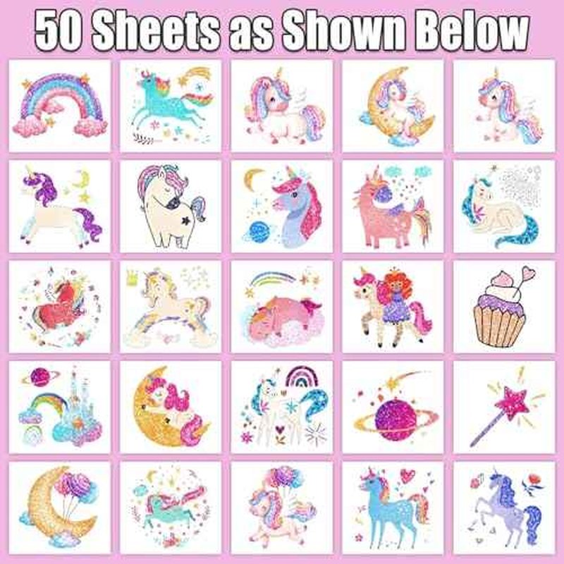 Partywind Glitter Temporary Tattoos for Kids Girls, Birthday Party Supplies Favors Decorations, Kids Goodie Bag Stuffers, Fake Tattoo Stickers for Back to School Party Games Prizes (50 Sheets)