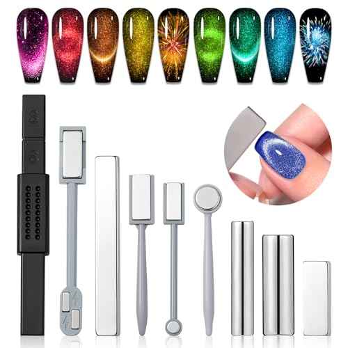 SAVILAND Cat Eye Magnetic for Nail: 9PCS Cat Eye Gel Nail Polish Magnet Tools Set Strong Suction Nail Magnet Nails Square Round Magnet Stick Diverse Cat Eye Effect Double Ended Nail Salon Art Tools