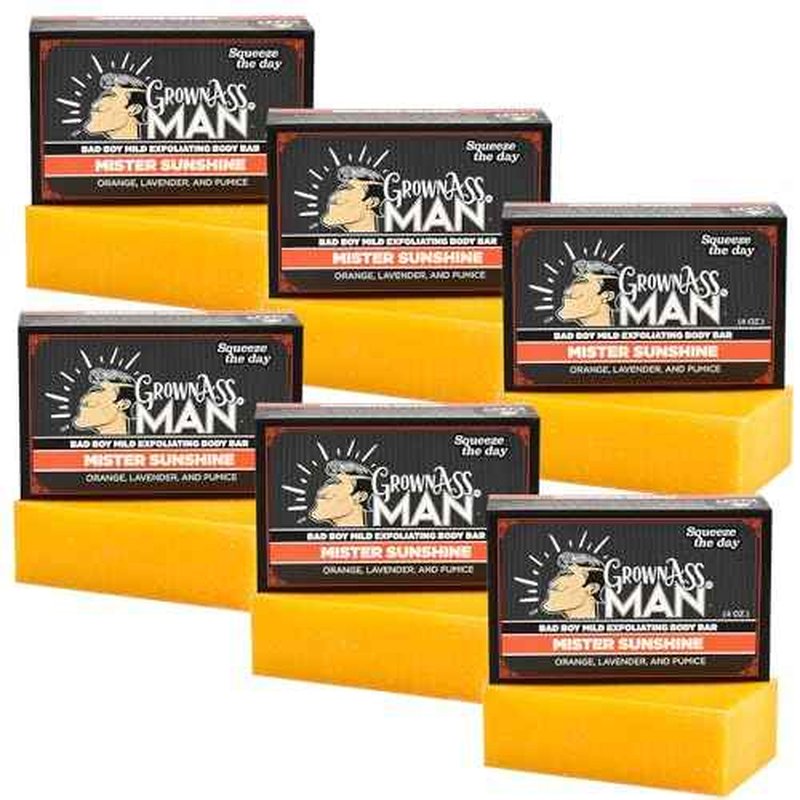 Grown Ass Man Co. Exfoliating Body Bars - Solid Soap with Natural Oils & Gentle Scrub - Plastic Free & Eco-Friendly, Natural & Organic for All Skin, 4oz Bar - Mister Sunshine - Mild Exfoliant, 6-Pack