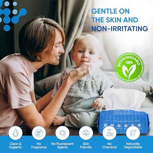 WITHU Disposable Face Towels, Ultra Soft, Biodegradable Makeup Remover Wipes, Hypoallergenic & Lint-Free Towelettes for Facial Cleansing, Multi-Use Dry Washcloths for All Skin Types/Family 240 Ct