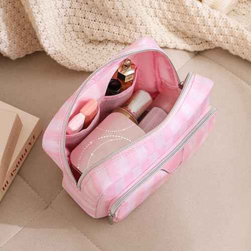 Waterproof Travel Makeup Bag, Aesthetic Nylon Striped Cosmetic Bag£¬Coquette Traveling Toiletry Bag With Zipper, Cosmetic Pouch for Women Purse, Ideal for Women and Girls(02 Compartments)