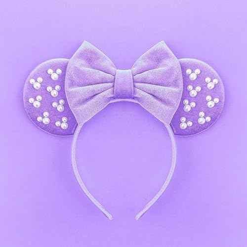 JIAHANG Velvet Mouse Ears Hair Bow Headband with Pearls, Party Decoration Fashion Hair Band Hair Accessories for Women Girls (velvet purple 05)