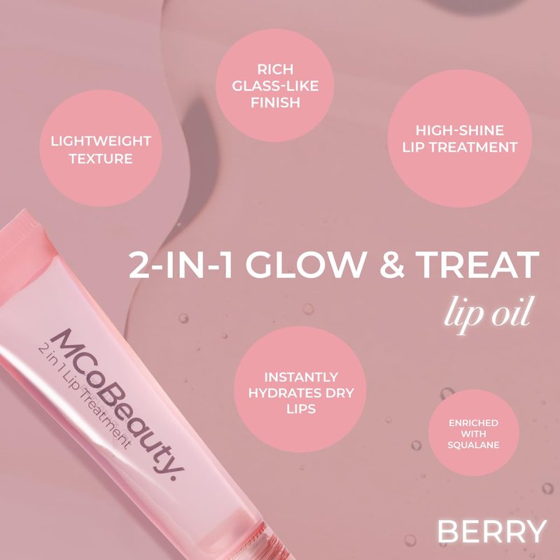 MCoBeauty Glow and Treat 2-in-1 Lip Treatment Berry - Tinted Lip Oil with Squalane Roller Ball Applicator - Glossy Moisturizing Lip Balm Gloss for Dry Lips - Vegan Cruelty Free Lip Care - 10ml