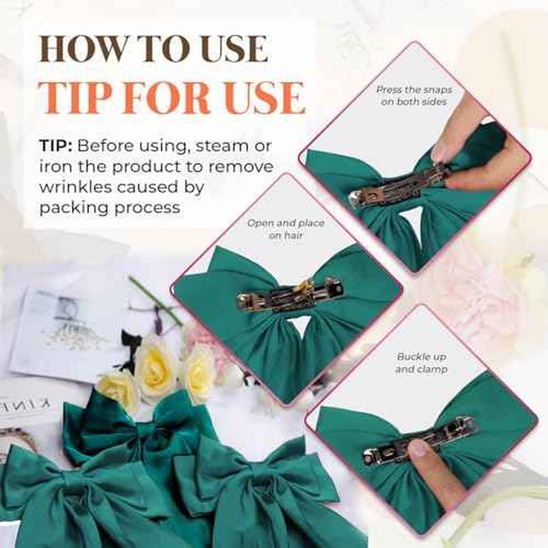 Silky Satin Hair Bows, Oversized Long Tail Bows with Barrette Clips, Coquette Hair Accessories for Women and Girls (Green 3P)
