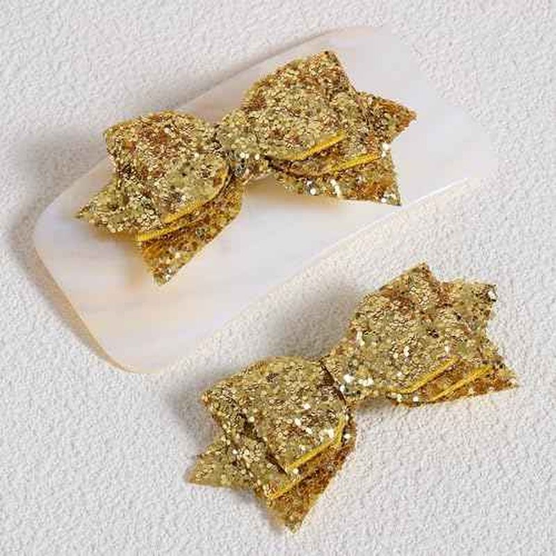 Glitter Christmas Gold Hair Bow Alligator Clips 3" Small Cute Sparkly Sequins Bowknot Hair Barrettes Pin for Little Toddler Teen Baby Girls Kid New Year Xmas Party Dress Decor Accessory
