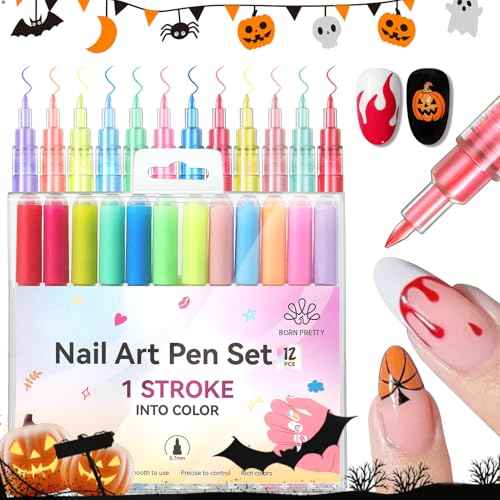 BORN PRETTY Nail Art Pens Set 12 Colors - Halloween Neon Colors 3D Nail Polish Acrylic Paint Pens Quick Dry Nail Markers for Halloween Nail Art Drawing Painting Dotting Liner Pen DIY Manicure Tools
