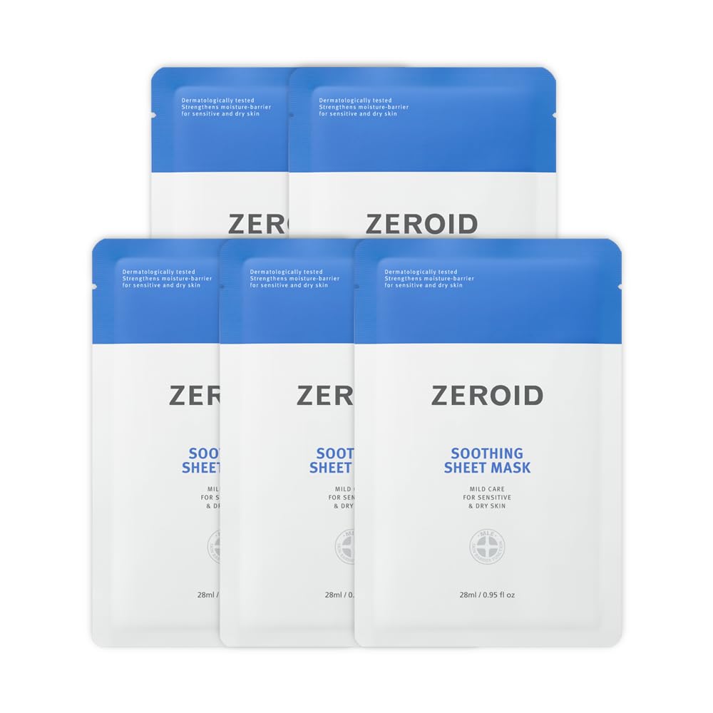 Zeroid Soothing Sheet Mask for Sensitive Dry Skin - Hydrating Korean Face Mask with Hyaluronic Acid & Ceramide | 5 Pure Cotton Sheets