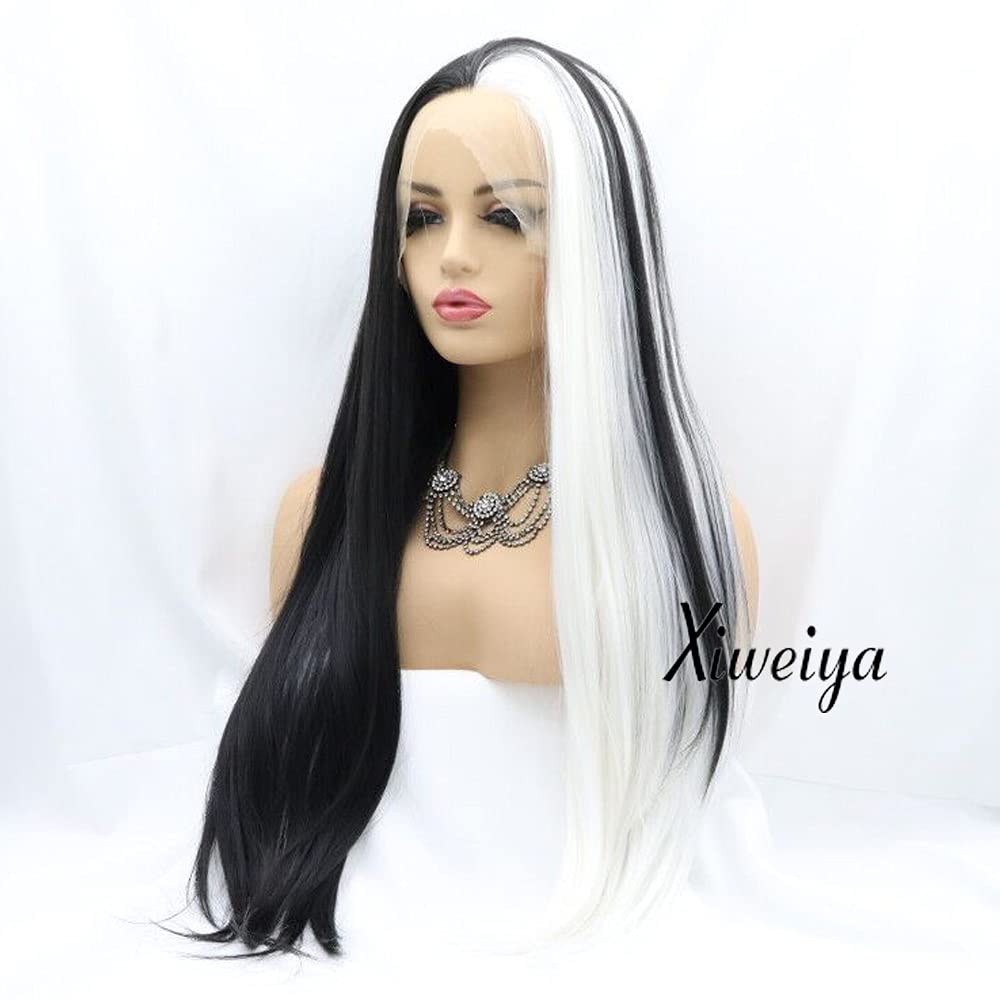 Long Straight Mermaid Piano Lace Front Wig - White to Black Two Tone | Heat Resistant Synthetic Hair for Women Cosplay