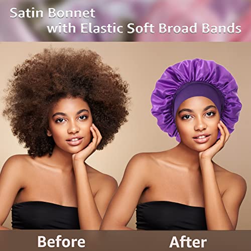 3 Pack Satin Bonnet Silk Hair Bonnet for Sleeping, Sleep Bonnets for Women Large Wide Soft Band Sleep Cap for Curly Hair Braids