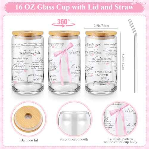 Skylety 6 Pcs Christian Gift Set for Women Includes Bible Journal Religious Pens Pink Bow Cosmetic Bag Glass Cup Pink Stuff Accessories Cancer Awareness Gifts for Women Mom Sunday School Teacher